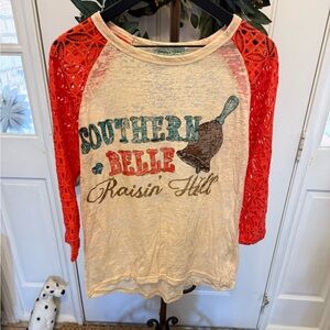 NWOT Southern Grace Country Graphic Print Burnout Shirt w Lace Sleeves XL